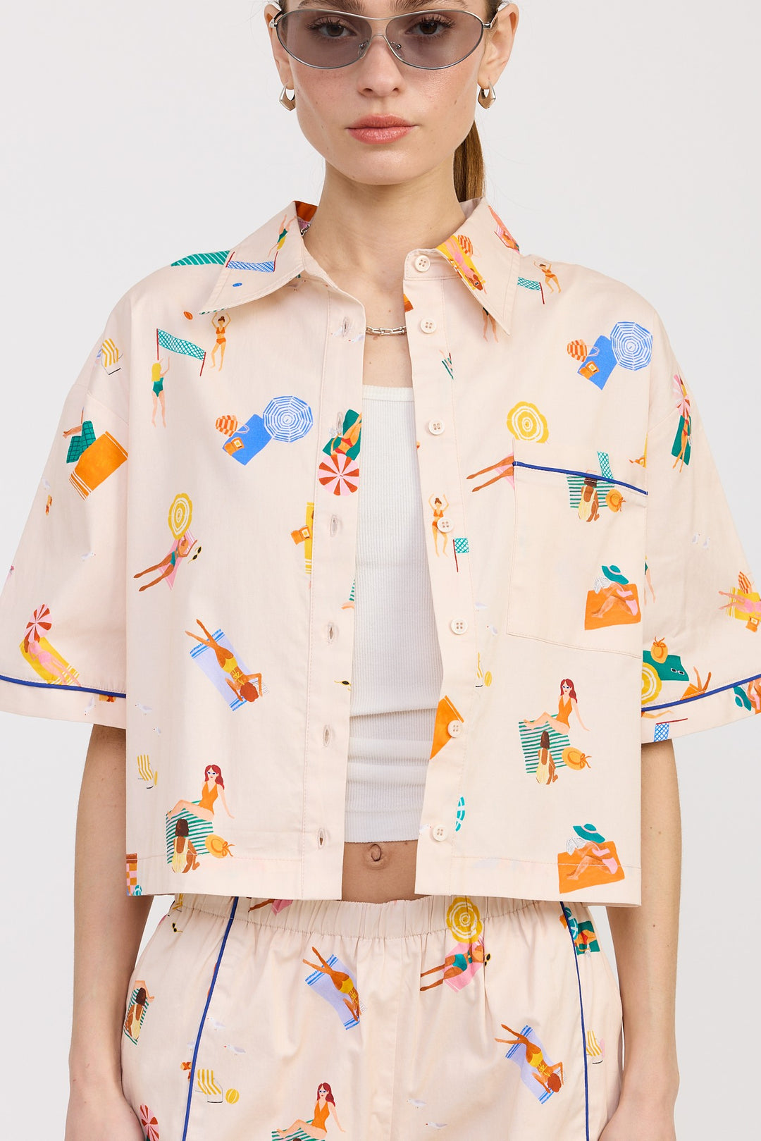Natural Multi Cropped Oversize Button Up Top
