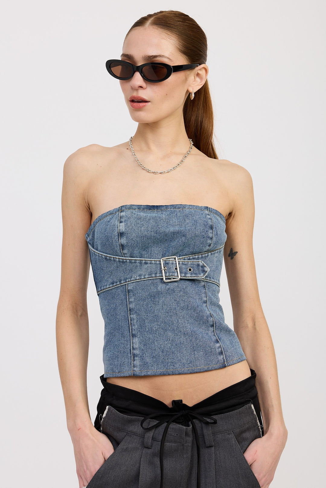 Denim Blue Denim Bustier With Buckle