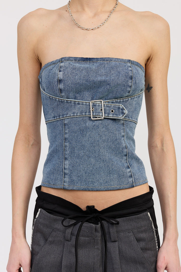 Denim Blue Denim Bustier With Buckle
