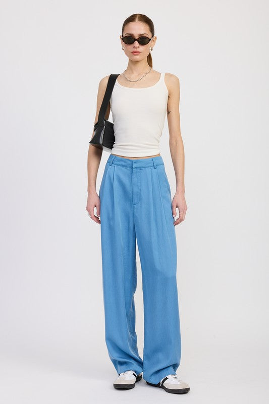 Washed Tan High Waist Wide Leg Trousers With Front Pleats