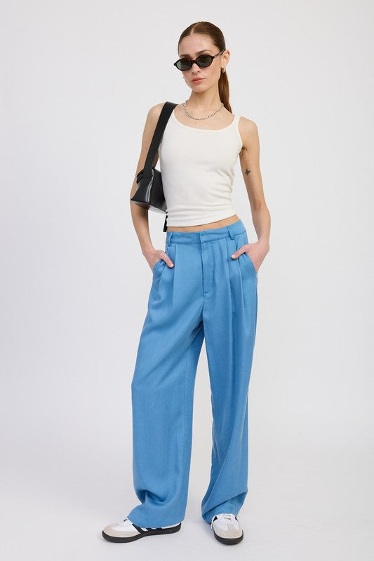 Chambray High Waist Wide Leg Trousers With Front Pleats