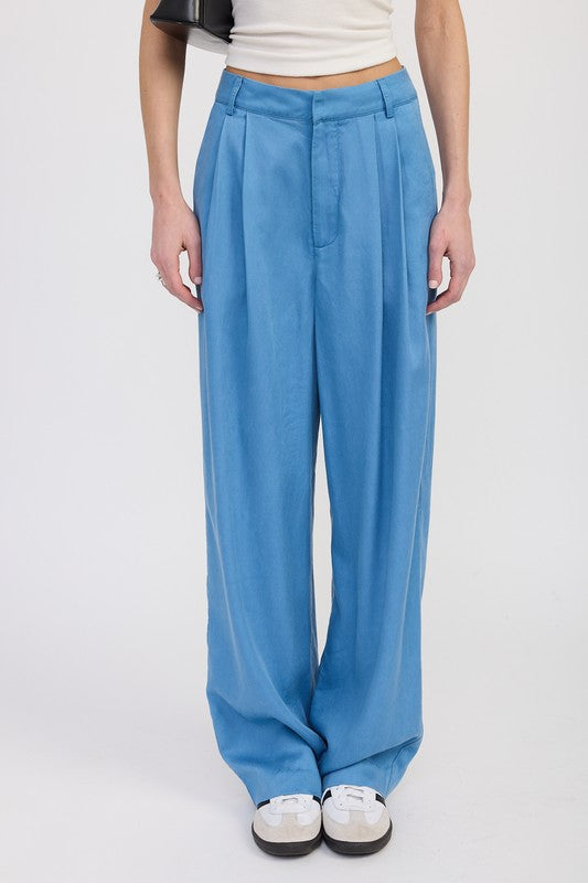 Chambray High Waist Wide Leg Trousers With Front Pleats