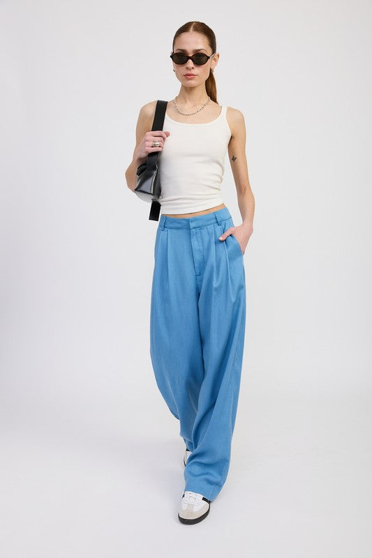 Washed Tan High Waist Wide Leg Trousers With Front Pleats