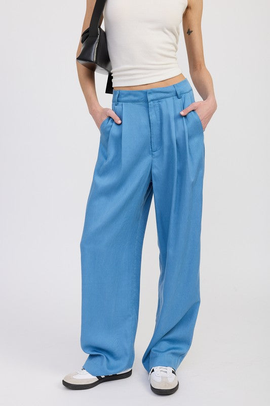 Washed Tan High Waist Wide Leg Trousers With Front Pleats