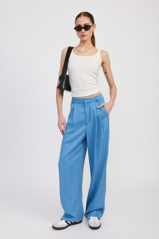 Chambray High Waist Wide Leg Trousers With Front Pleats
