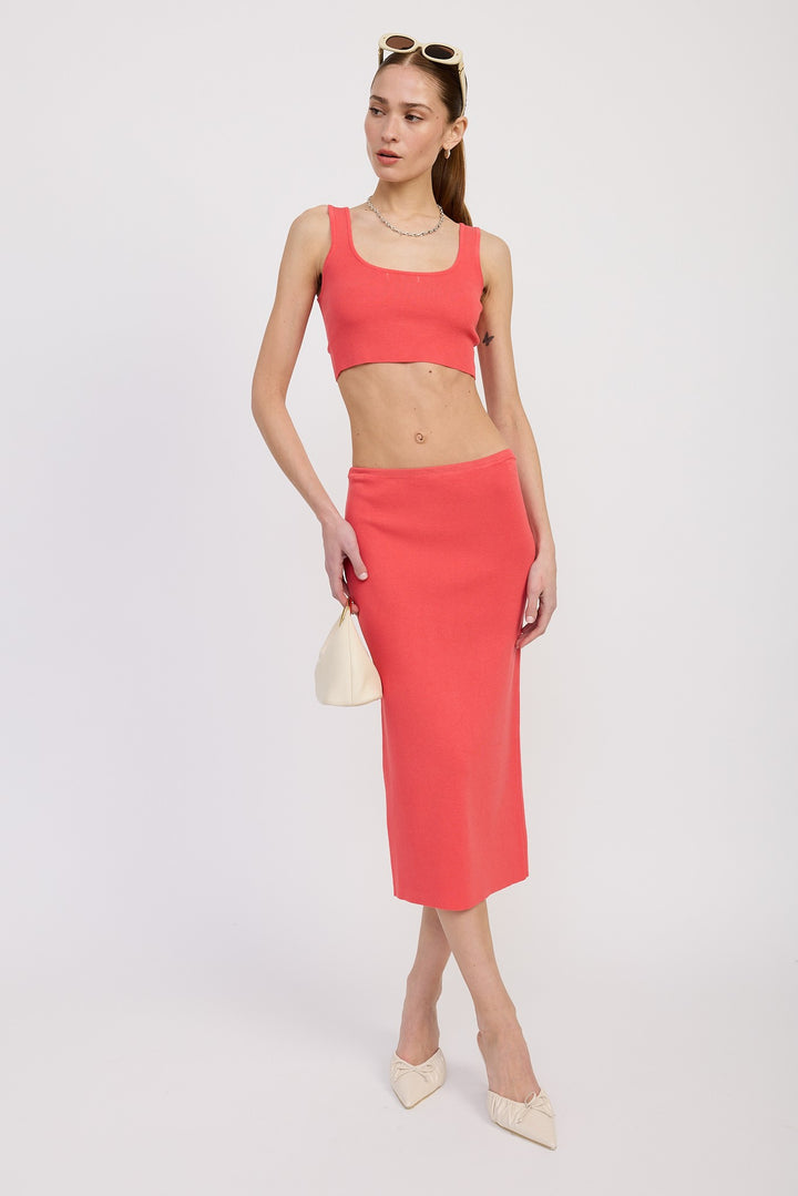 Coral Mid Pencil Skirt With Slit