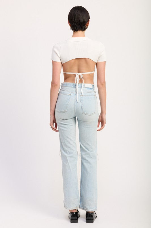 Collared Short Sleeve Top With Open Back