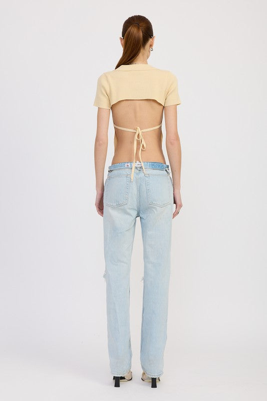 Collared Short Sleeve Top With Open Back