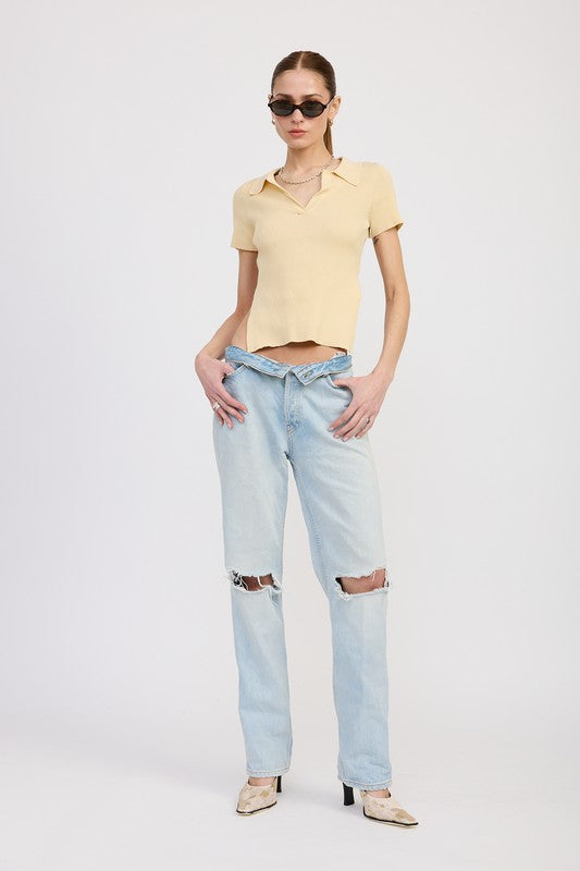 Ivory Collared Short Sleeve Top With Open Back