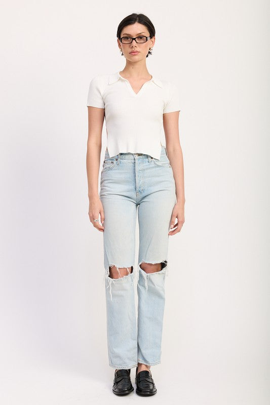 Collared Short Sleeve Top With Open Back