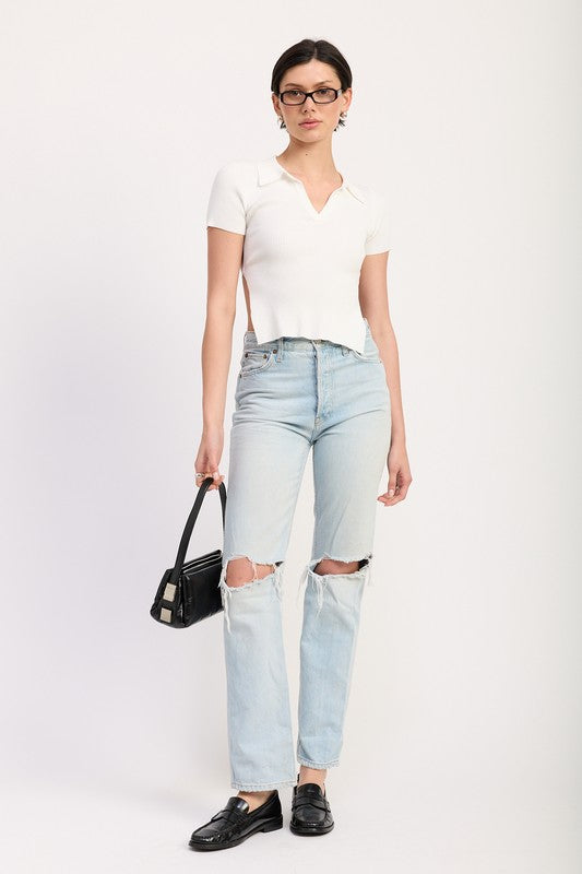 Collared Short Sleeve Top With Open Back