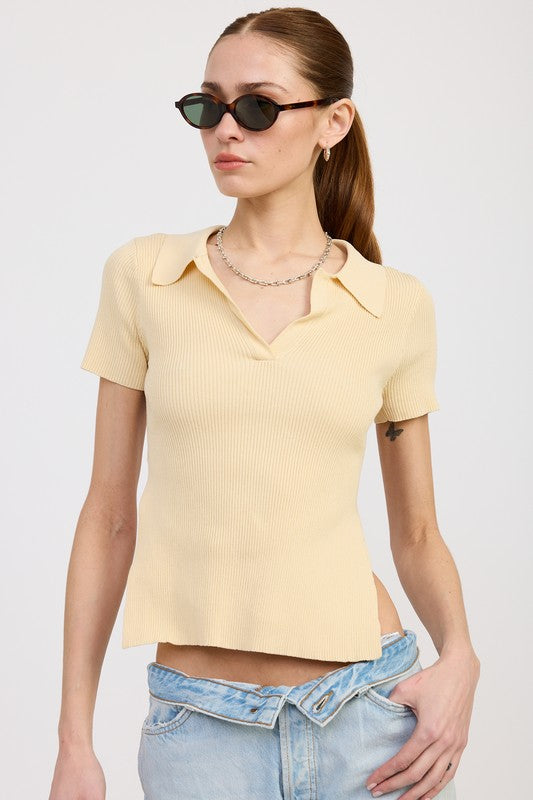 Butter Collared Short Sleeve Top With Open Back