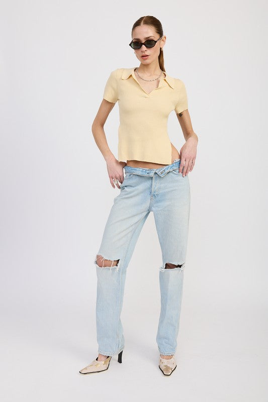 Ivory Collared Short Sleeve Top With Open Back