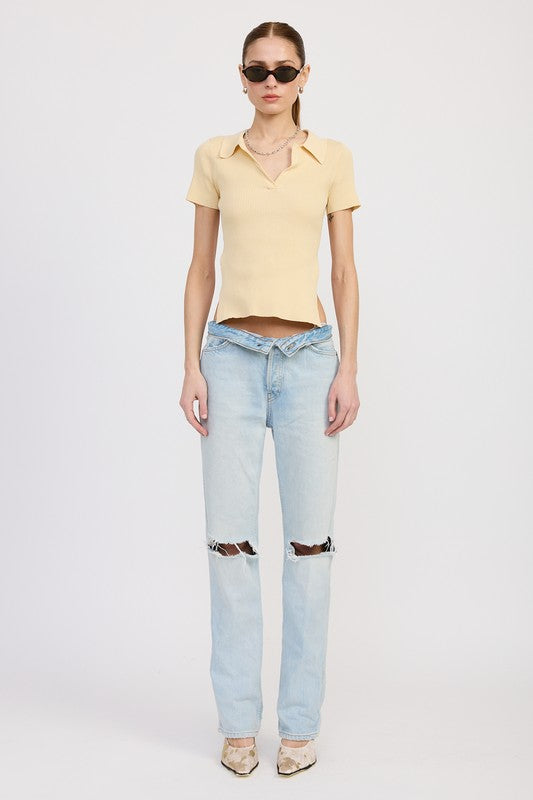 Ivory Collared Short Sleeve Top With Open Back