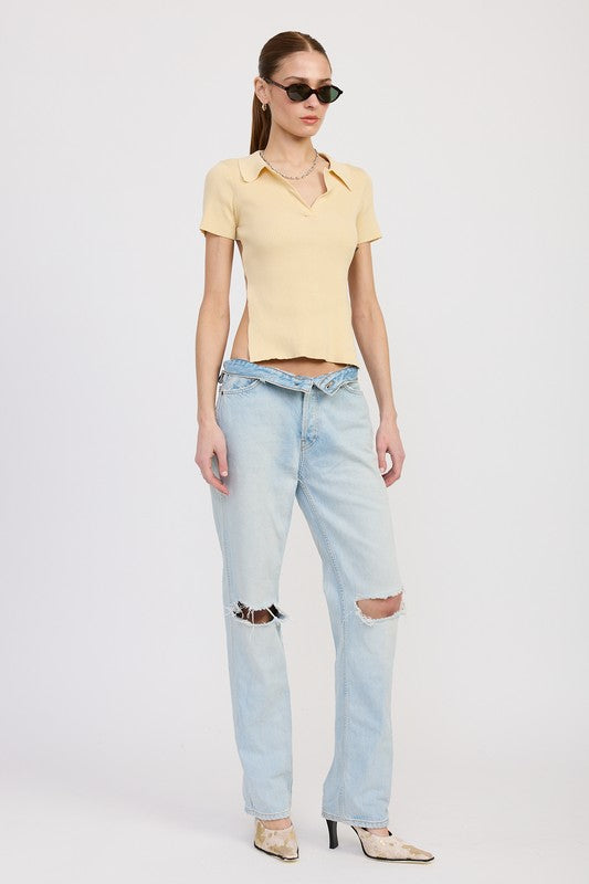 Collared Short Sleeve Top With Open Back