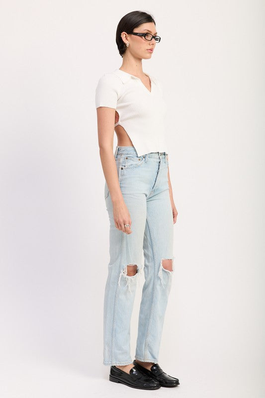 Collared Short Sleeve Top With Open Back