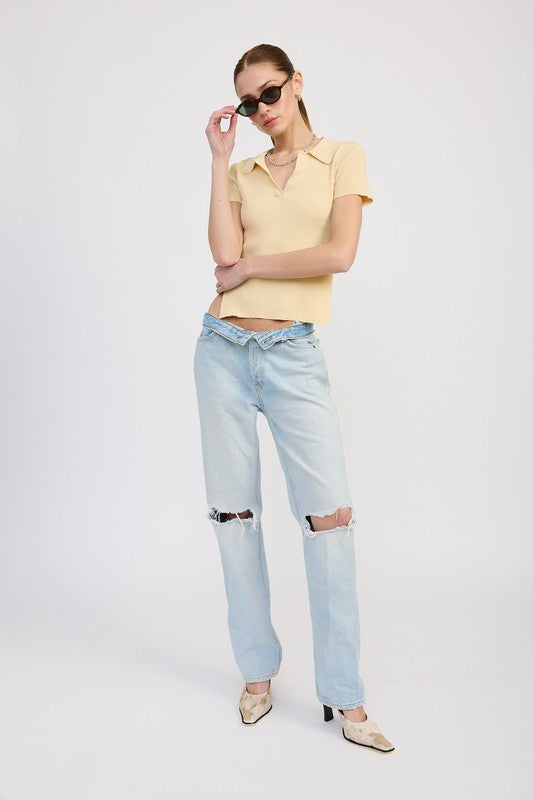 Butter Collared Short Sleeve Top With Open Back