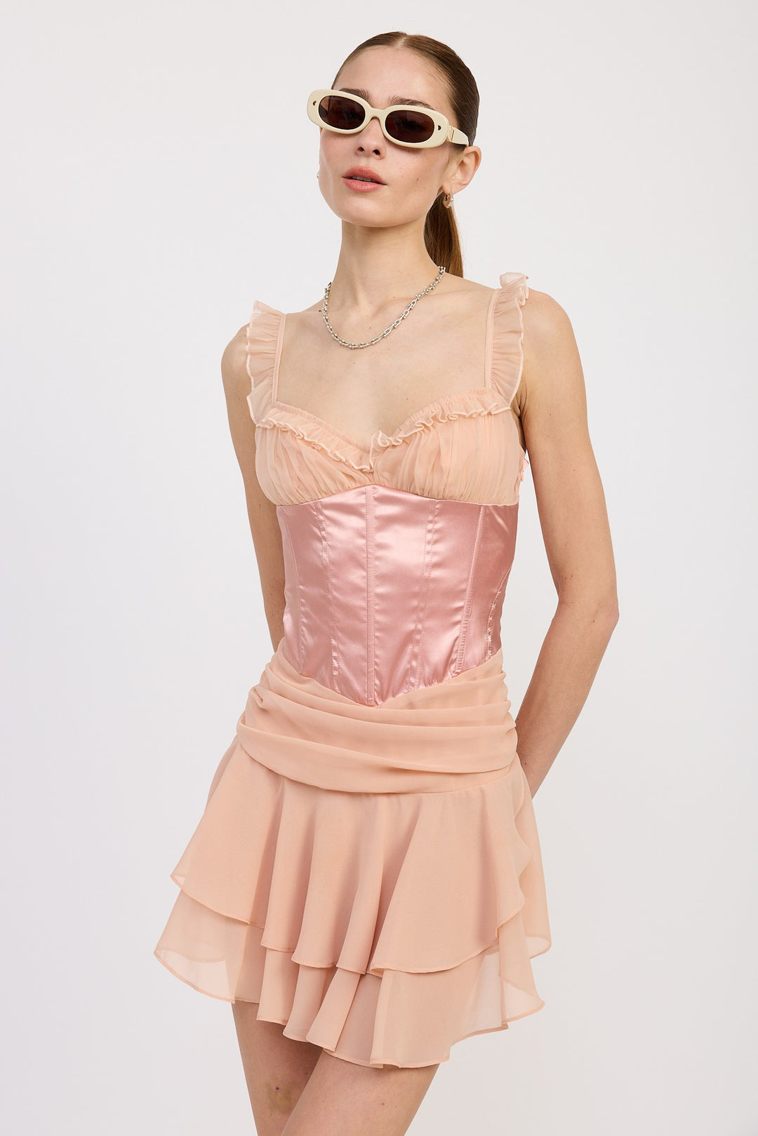 Nude Contrasted Mini Corset Dress With Ruffle Detail