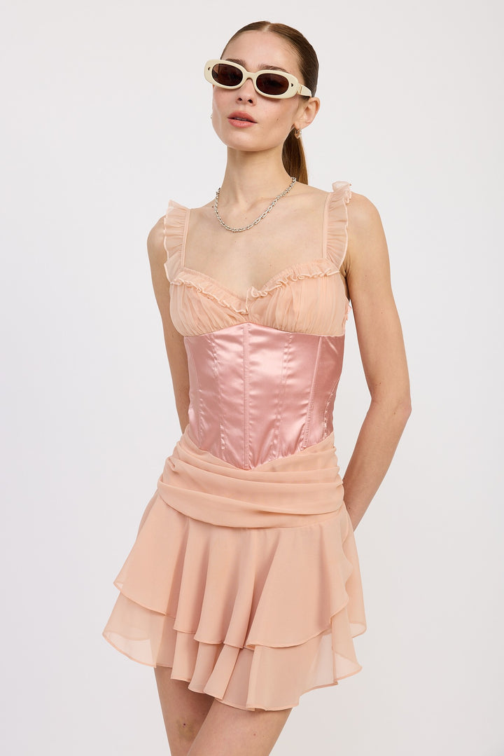 Nude Contrasted Mini Corset Dress With Ruffle Detail