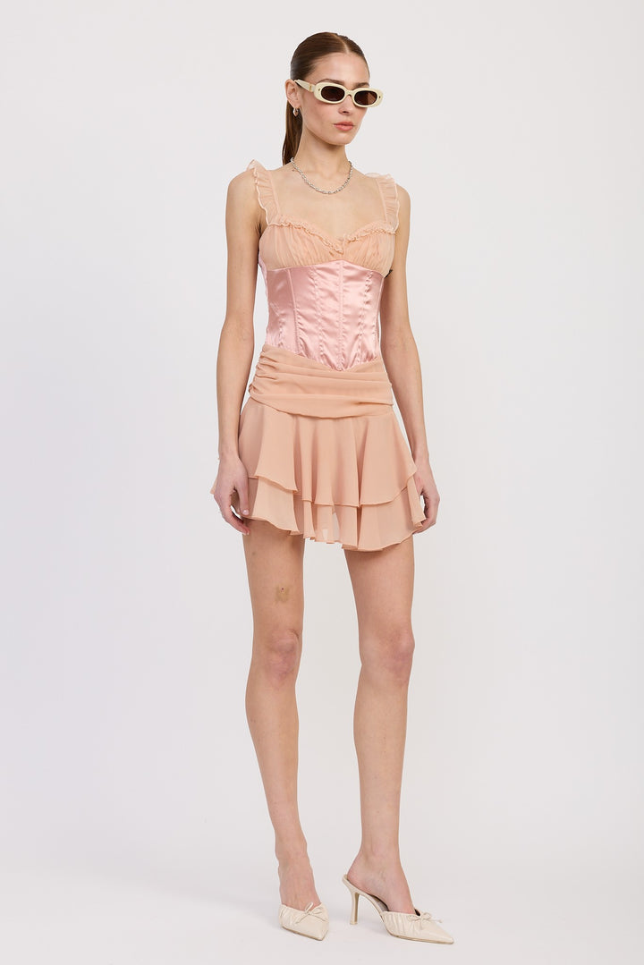 Contrasted Mini Corset Dress With Ruffle Detail