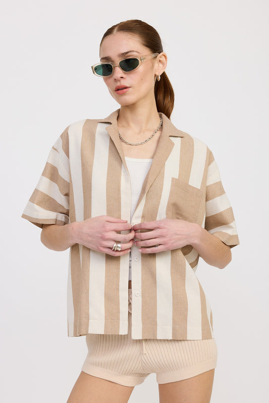 Mocha Stripe Oversized Button Up Shirt
