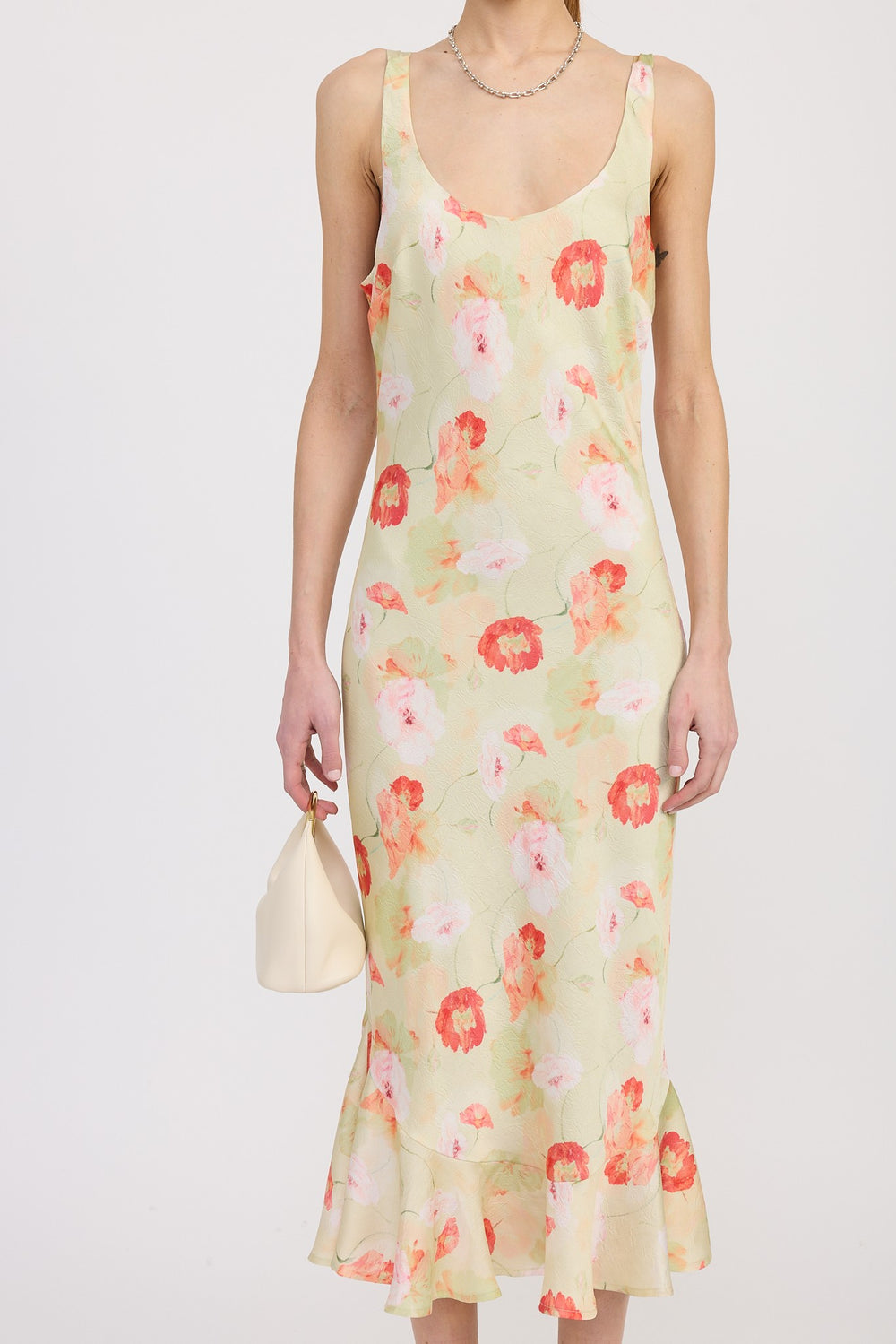 Green Floral Printed Satin Midi Dress With Scoop Neck