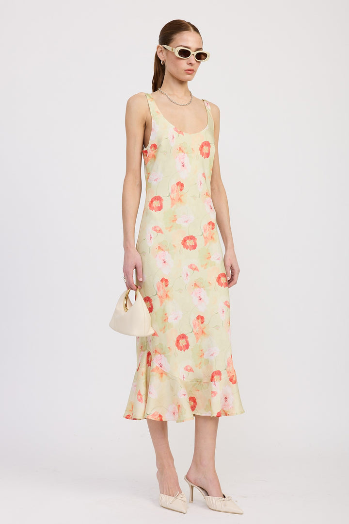 Green Floral Printed Satin Midi Dress With Scoop Neck