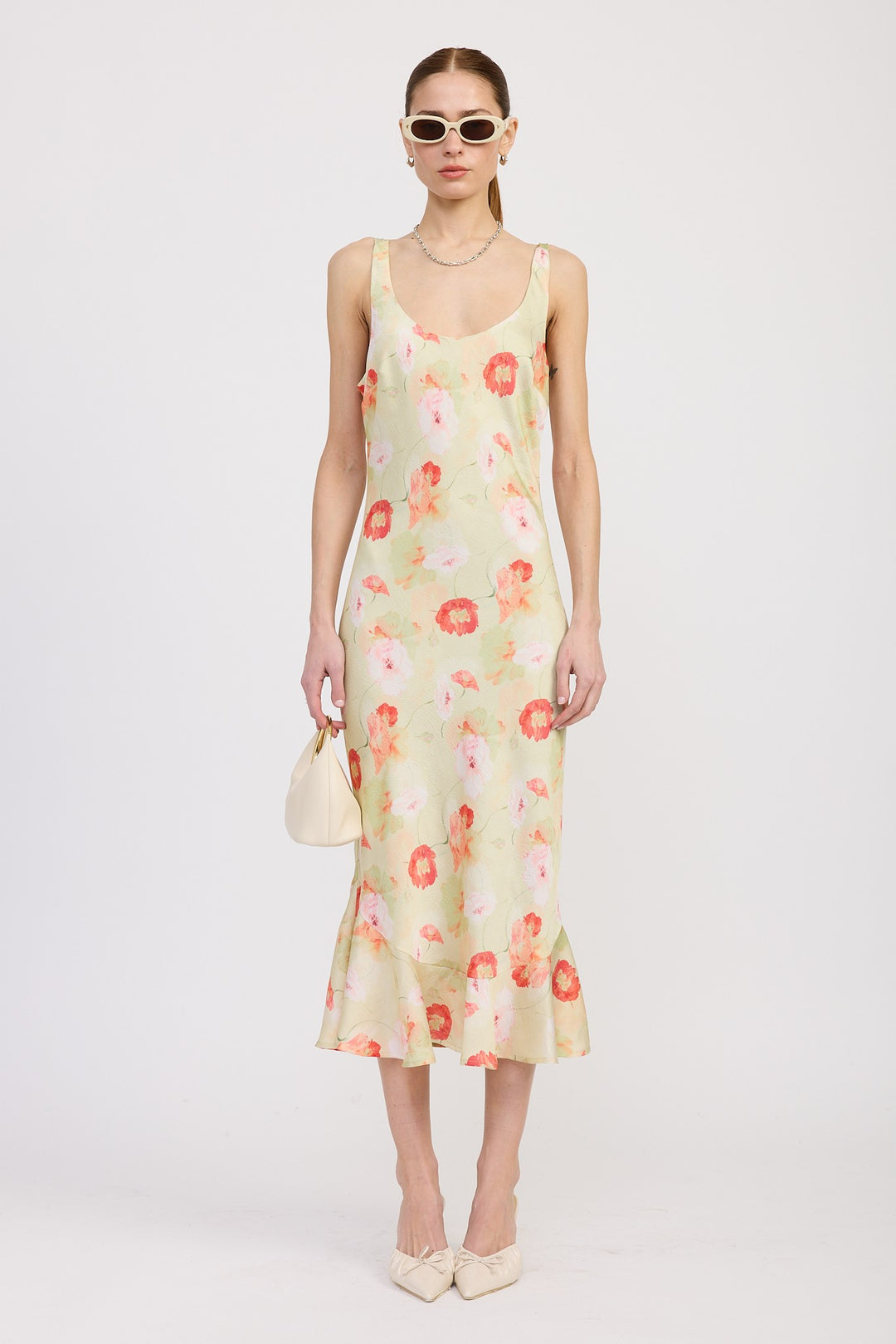 Printed Satin Midi Dress With Scoop Neck