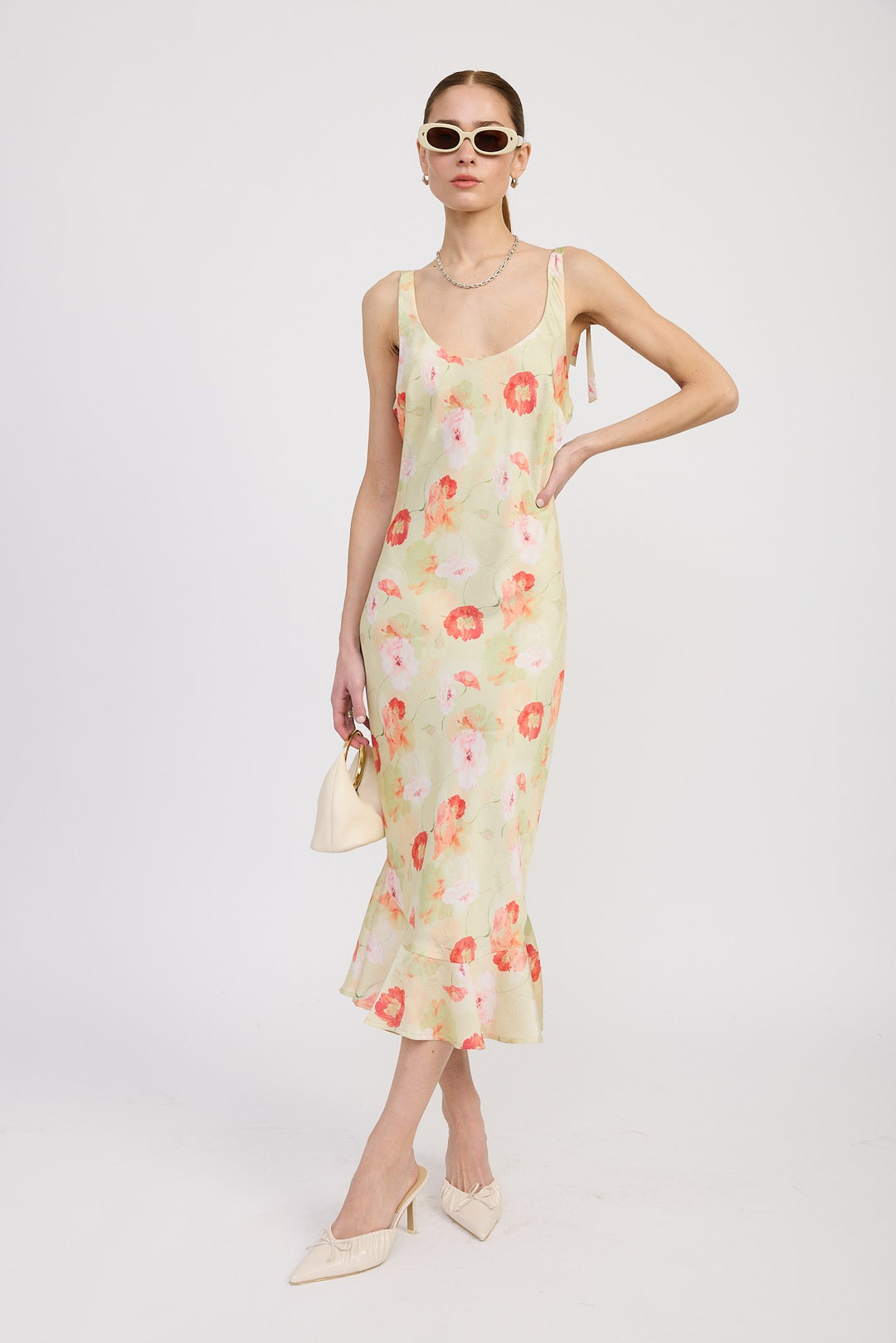 Green Floral Printed Satin Midi Dress With Scoop Neck