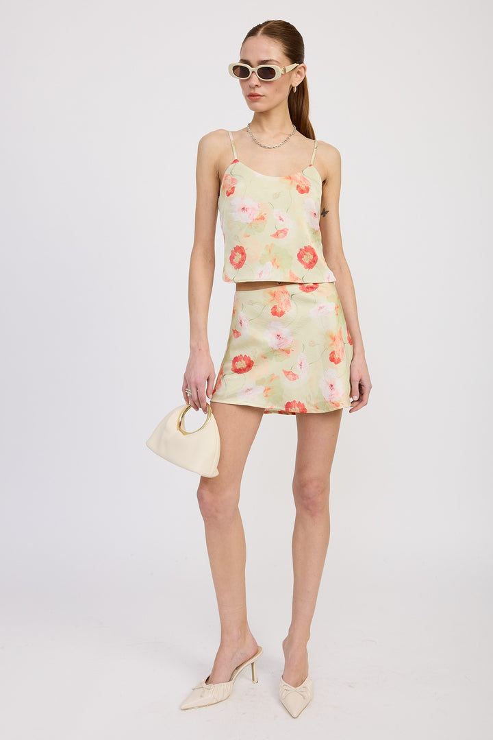 Green Floral Bias Cut Mini Satin Skirt