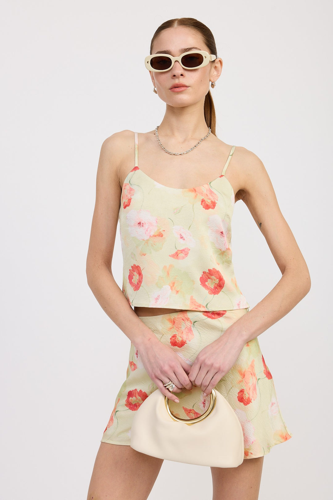 Green Floral Bias Cut Mini Satin Skirt
