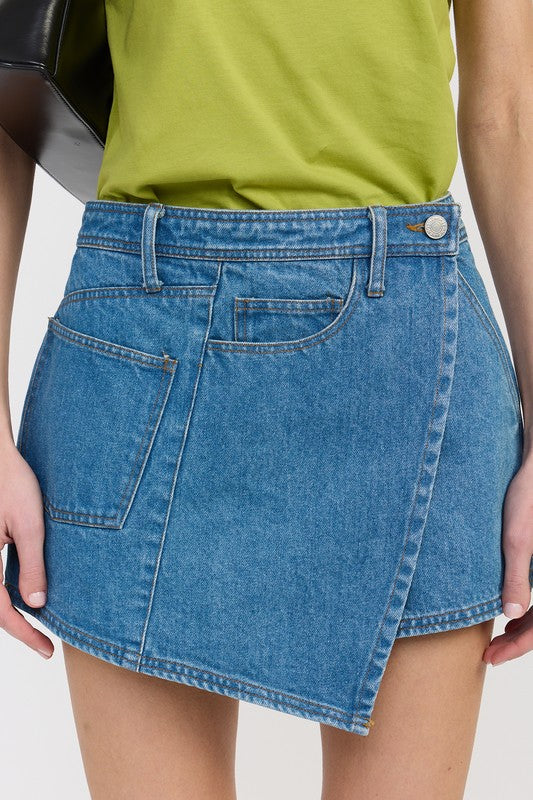 True Denim Wrapped Asymmetrical Denim Skirt