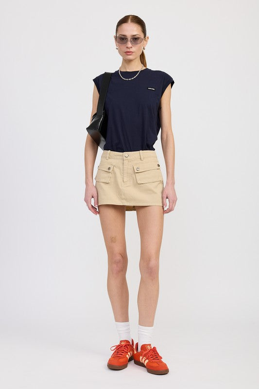 Light Khaki Low Waist Denim Mini Skirt With Front Pockets