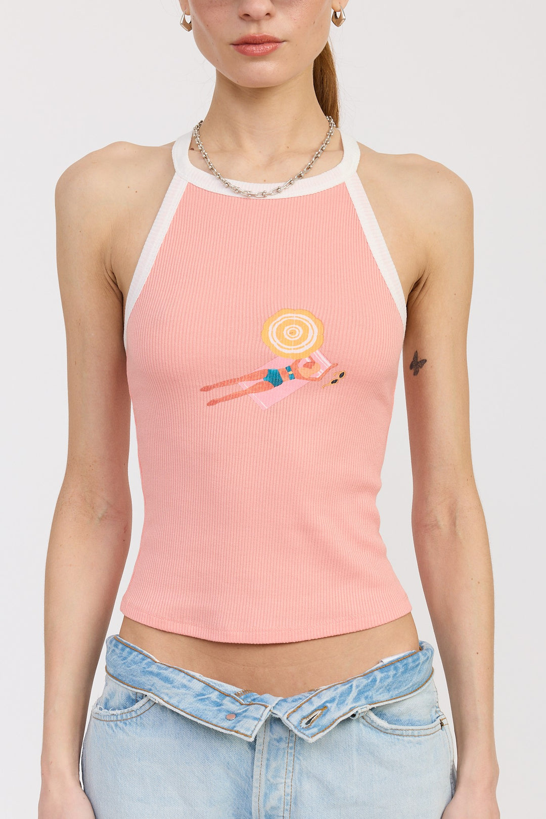 Rose Pink Off White Racer Back Graphic Tank Top