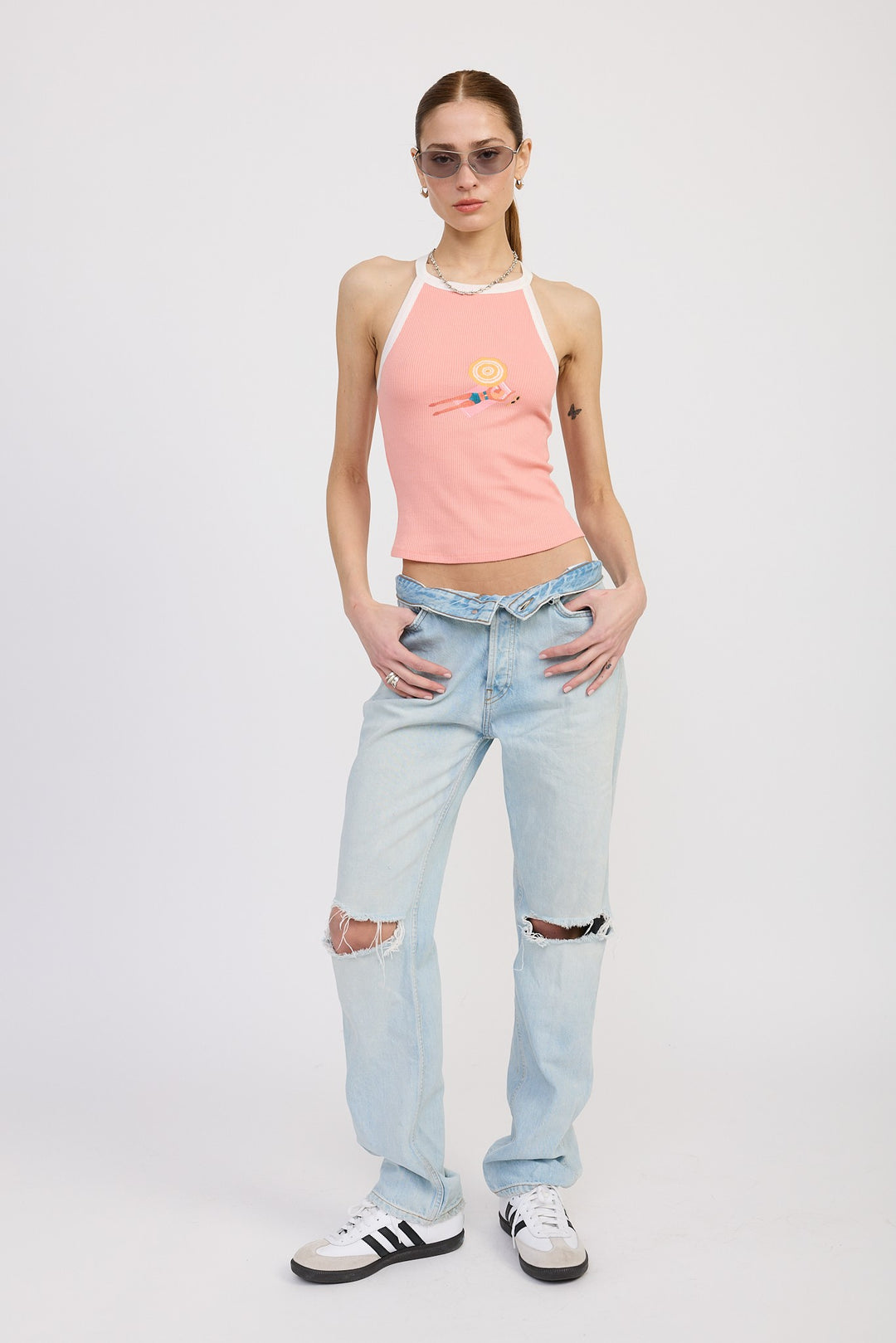 Taupe Off White Racer Back Graphic Tank Top