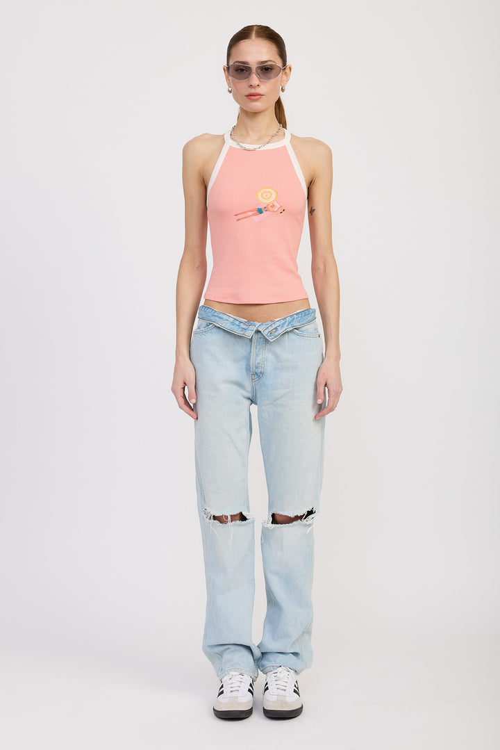 Taupe Off White Racer Back Graphic Tank Top