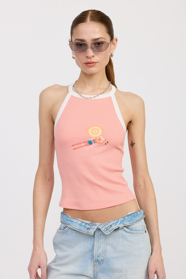 Rose Pink Off White Racer Back Graphic Tank Top