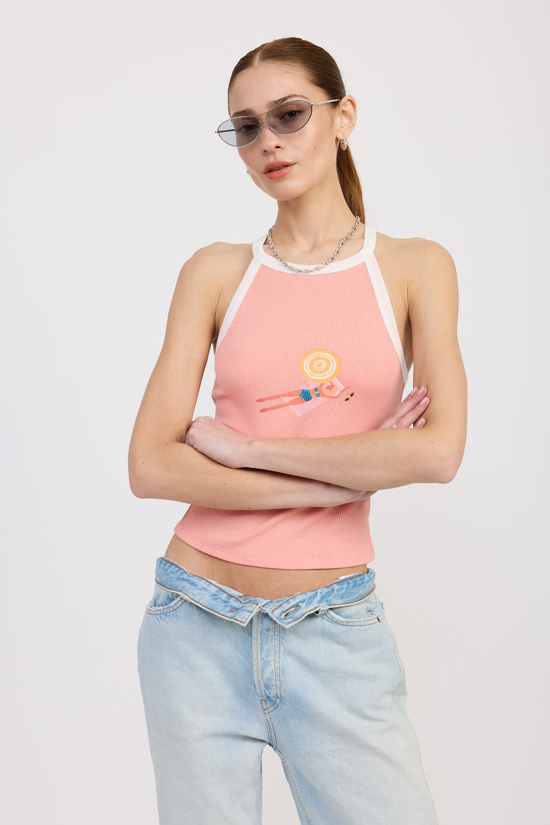 Taupe Off White Racer Back Graphic Tank Top