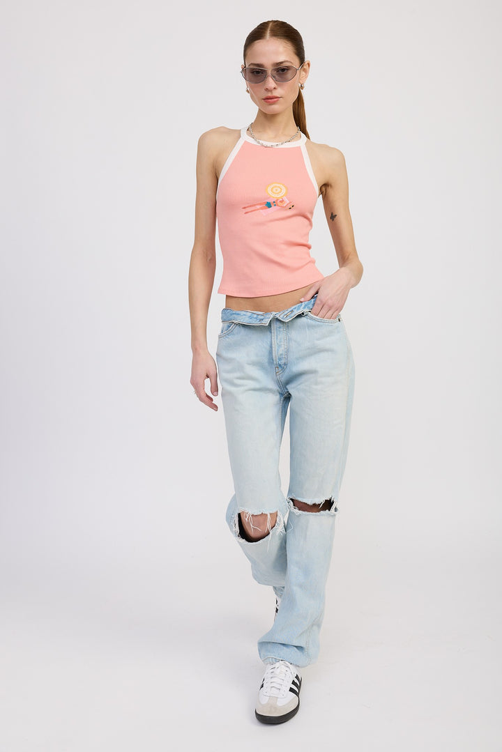 Rose Pink Off White Racer Back Graphic Tank Top