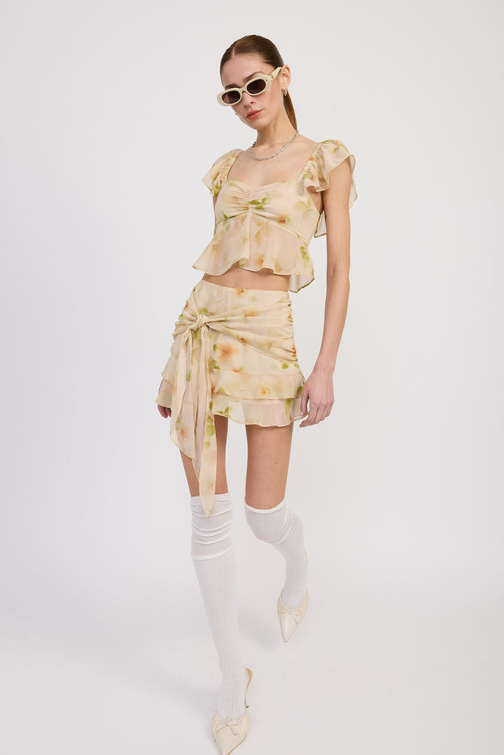 Yellow Green Floral Squared Neck Top With Cap Sleeves