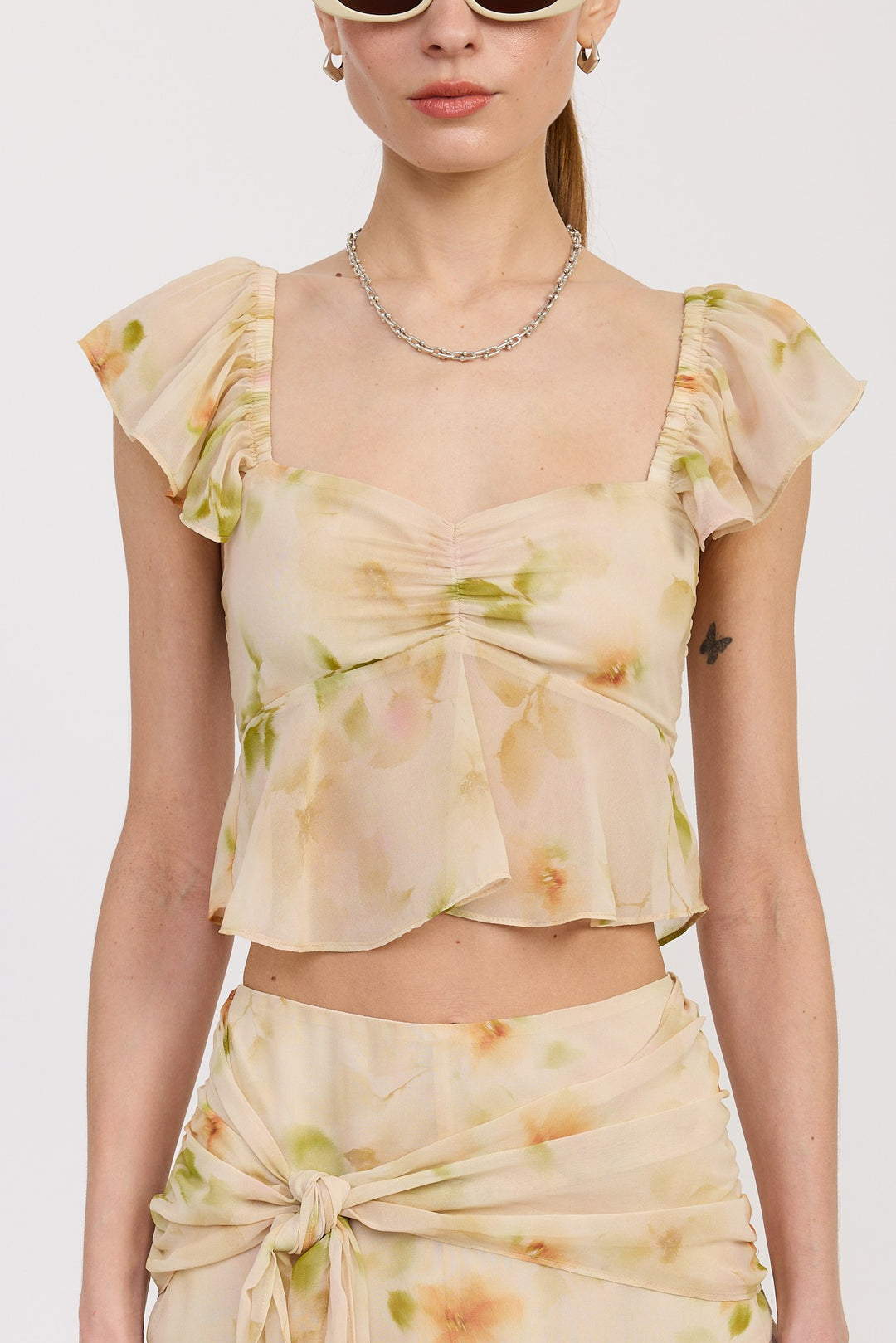 Yellow Green Floral Squared Neck Top With Cap Sleeves