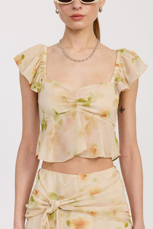 Yellow Green Floral Squared Neck Top With Cap Sleeves