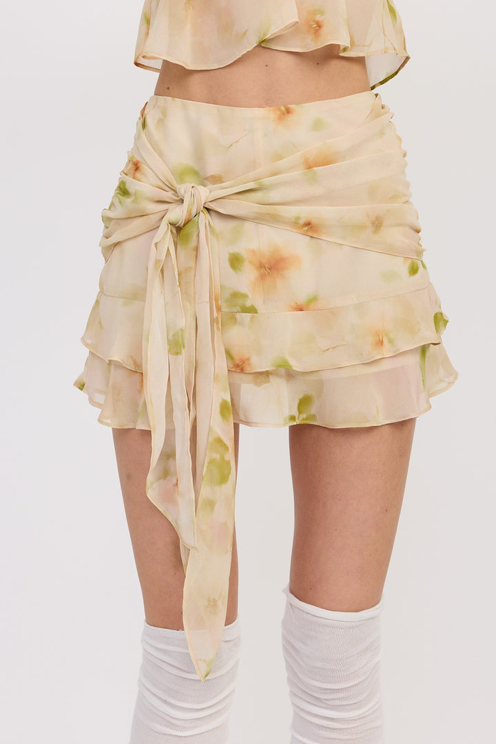 Yellow Green Floral Tie Front Ruffled Skort