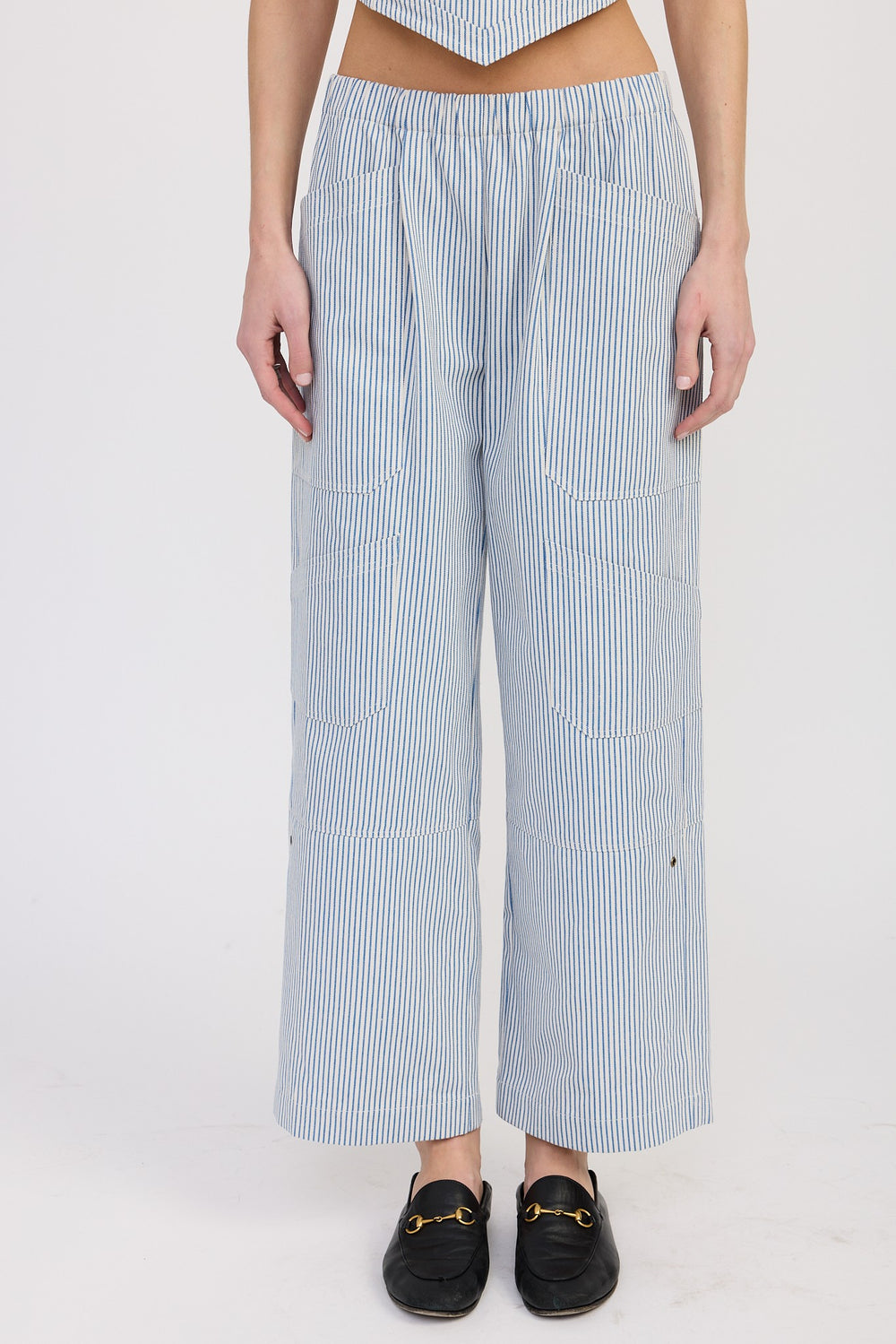 Sky Blue Stripe Cinched Twill Pants With Wide Leg