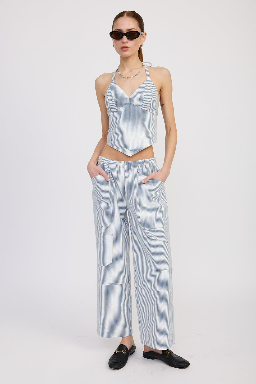 Sky Blue Stripe Cinched Twill Pants With Wide Leg
