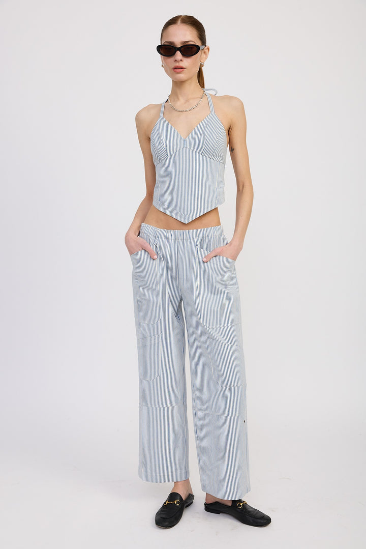Sky Blue Stripe Cinched Twill Pants With Wide Leg