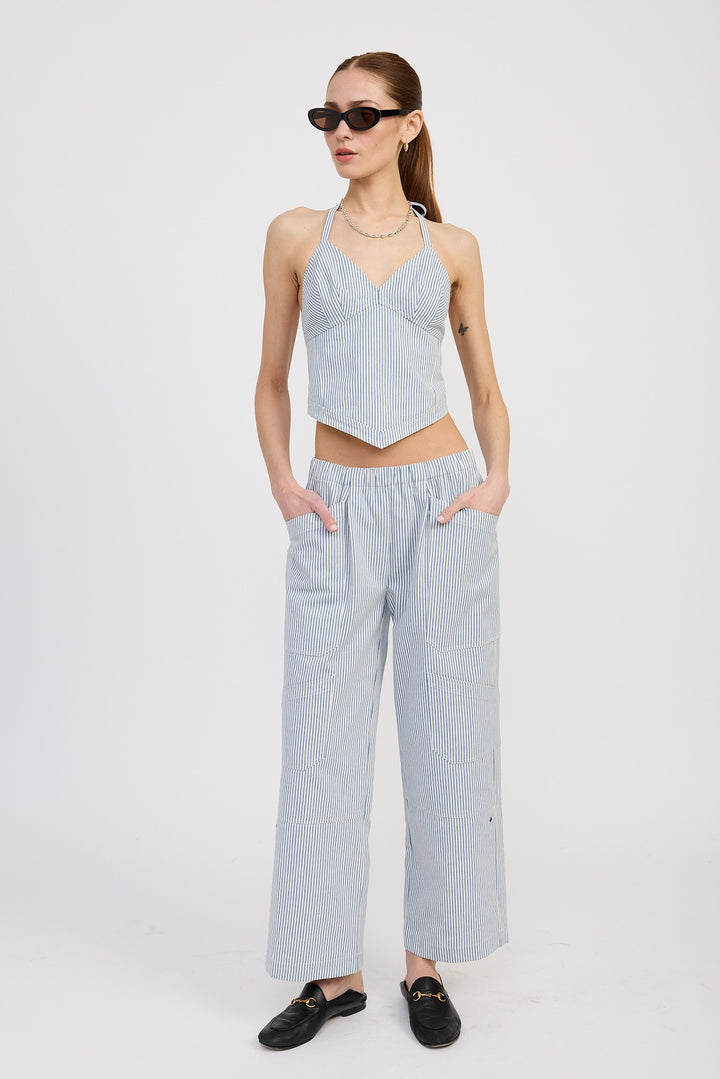 Sky Blue Stripe Cinched Twill Pants With Wide Leg