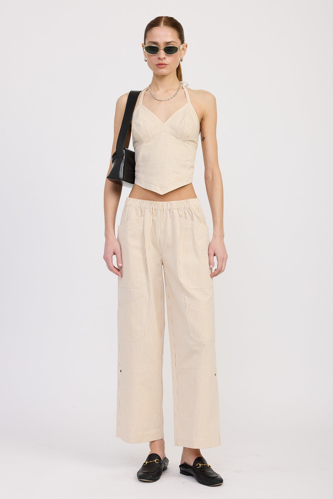 Cinched Twill Pants With Wide Leg