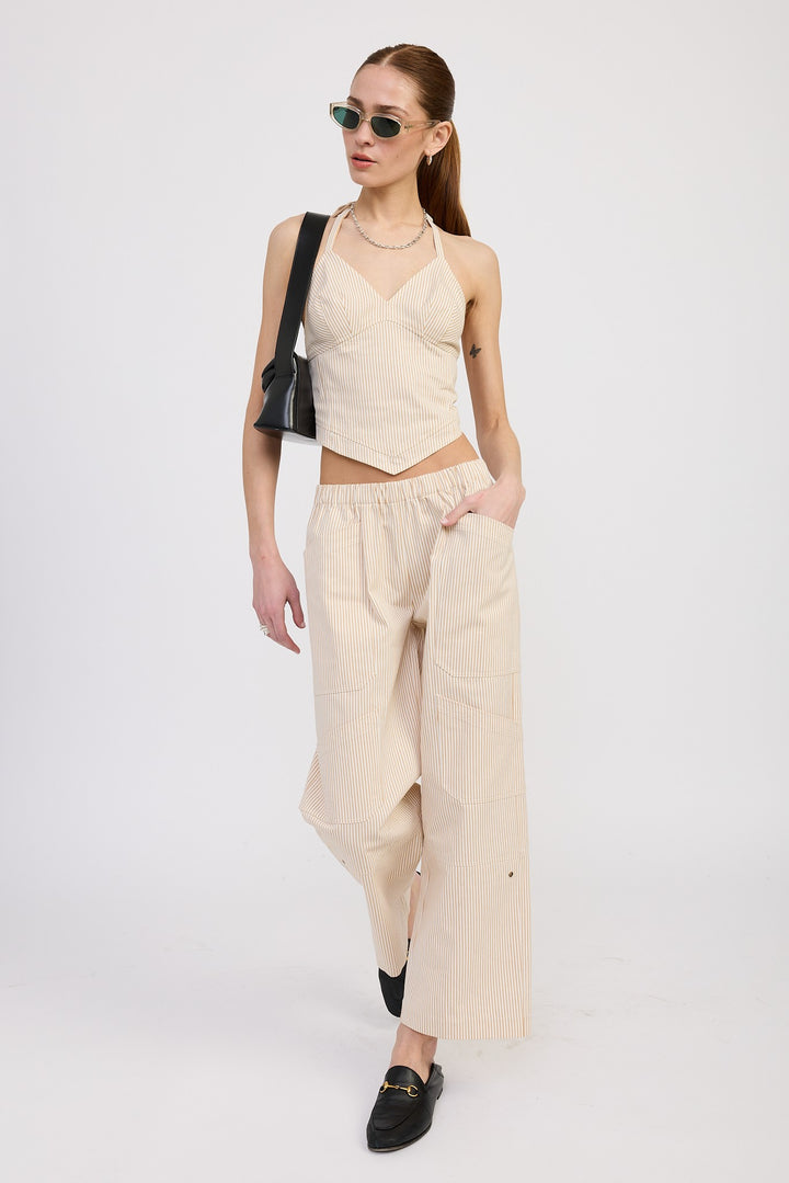 Cinched Twill Pants With Wide Leg