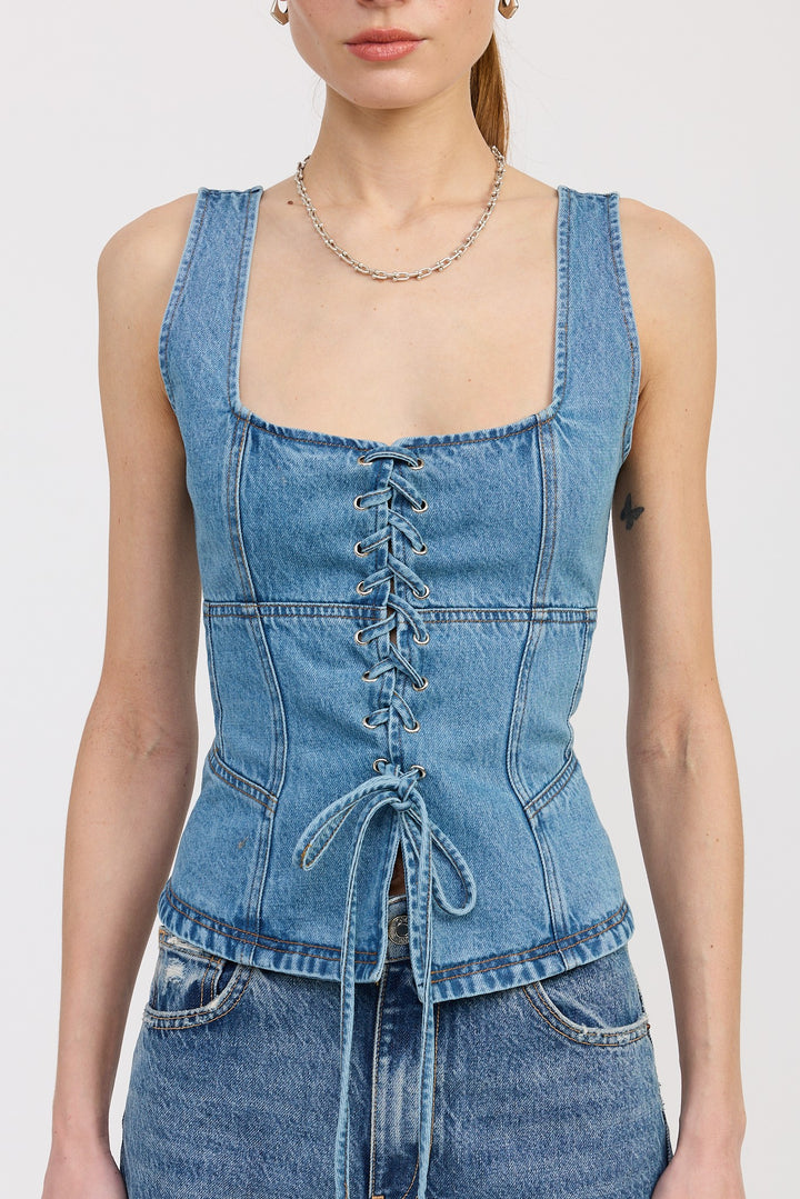 Denim Lace Up Bustier Top